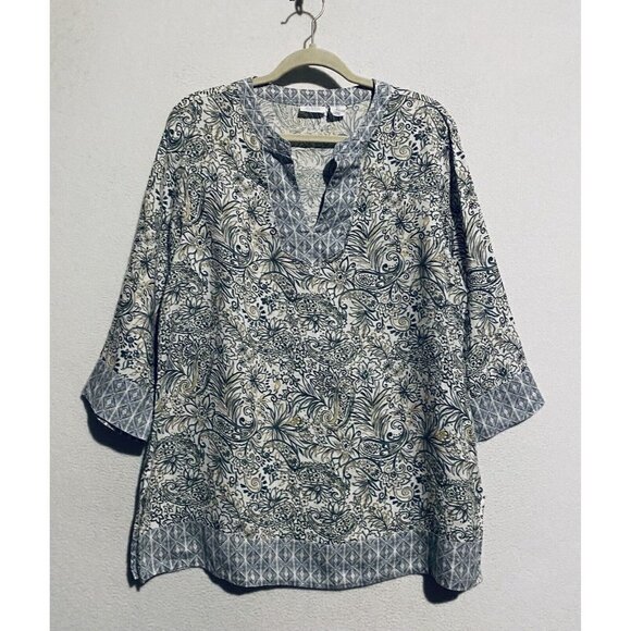 Sigrid Olsen Top Womens Large Blue White Paisley Floral Linen Tunic Boho - Picture 1 of 6